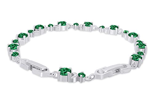 Affy 14K White Gold Over Sterling Silver Leaf Shape Tennis Bracelet Round Shape Simulated Emerald 8.25" #TOP1