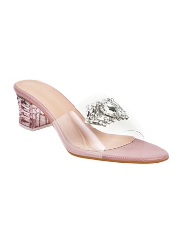 Image of TRYME Embellished Front Studded Buckle Block Heels Comfortable Transparent Party Kitten Heel for Womens & Girls