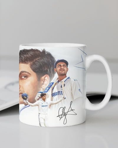 Image of Cricket Theme Ceramic Coffee Mug, MS Dhoni and Virat Kohli Fan Art Print (Sports Lover) (2-Subhman gill, Large)