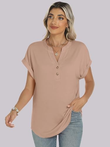 Image of ANRABESS Womens Short Sleeve Henley Tops V Neck Dressy Casual Blouses Summer Trendy Tee Shirts 2026 Vacation Fashion Clothes