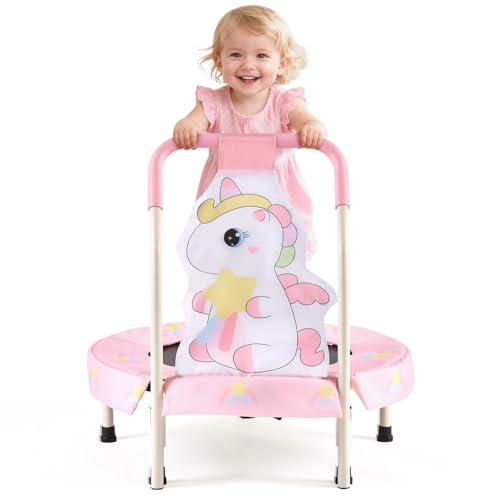 FUNLIO 27' Einhorn-Mini-Trampolin für Kleinkinder – Kleines Trampolin mit Sicherheitsgriff, faltbar & tragbar für Indoor-/Outdoor-Spaß