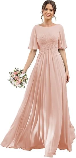 JIIL Wickelkleid,Damen Brautjungfernkleider Lang Chiffon Flutter Sleeve Abendkleid A-Line Hochzeit Festlich Ballkleider Partykleid Mit Taschen...