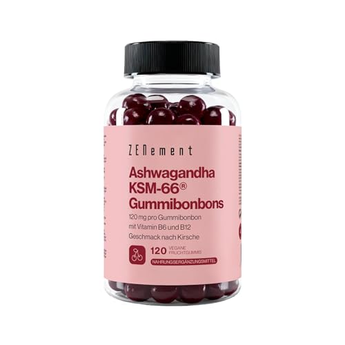 Ashwagandha KSM-66 Gummies mit Vitamin B6 und B12 1500 mg Ashwagandha-Wurzel (120 mg Extrakt pro Gummibärchen) 120 Vegane Gummies mit Kirschgeschmack 4 Monate Vorrat Zenement