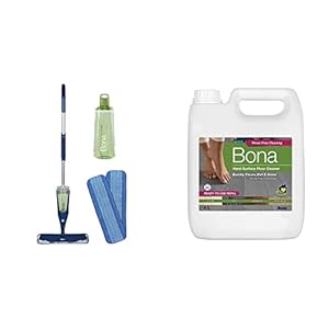 Bona Premium Spray Mop Set mit 850 ml Kartusche für Hartböden und extra Bona Mikrofaser-Pad & Stein-, Fliesen- und Laminatreiniger Nachfüllkanister 4 L, Bodenpflege für Hartböden