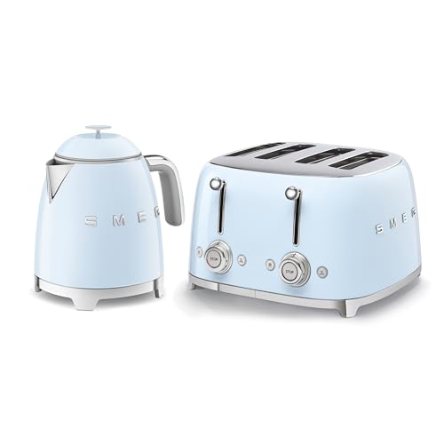Smeg 50’s Style Retro Range Breakfast Set, 0.8L 1400W Mini Kettle and Multi-Functional Control 4-Slice 2000W Toaster, Pastel Blue, KLF05PBUK/ TSF03PBUK