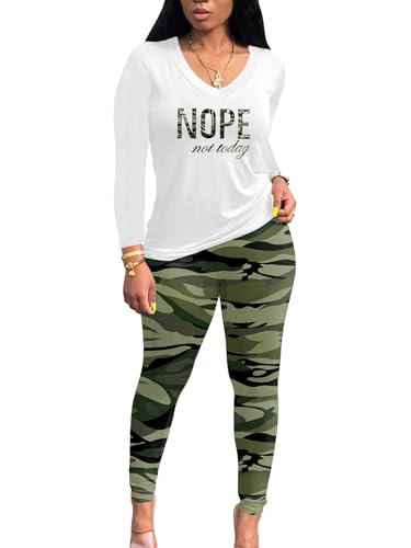 PINSV Women's Tracksuits 2 Piece Outfits Sweatsuit Long Sleeve Top Jogger Legging Pants Sets Camouflage Print L