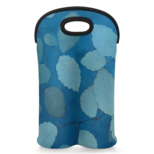GzLeyigou 2 Bottles Leaves Blue Wine Bag Sleeve Totes Neoprene Protective Wine Carrier Bag for Wine,Water, Champagne, Beer, Baby Bottles,Gift 14.5 x 10 Inches