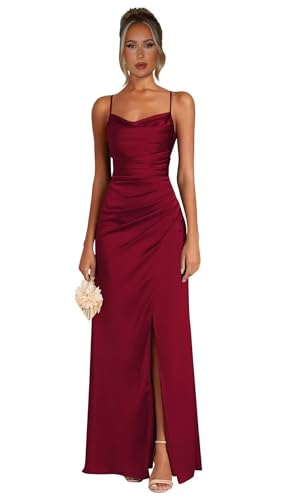 Satin Bridesmaid Dress for Wedding Spaghetti Strap Mermaid Formal Gown with Slit