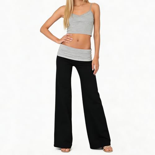 Image of Lounge Yoga Pants for Women Fold Over Low Waist Wide Leg Bell Bottoms | Y2K Foldover Pants, Flare Leggings, Low Rise Yoga Sweatpants