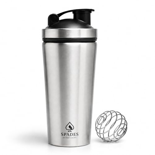 Image of SPADES Stainless Steel Gym Shaker Bottle 750ml with Mixing Ball | Leakproof Protein Shaker for Gym, Wide Mouth, Leckproof, Measurement Markings, Sipper Cap | Metal Shaker for Men,Women (Silver /P1)