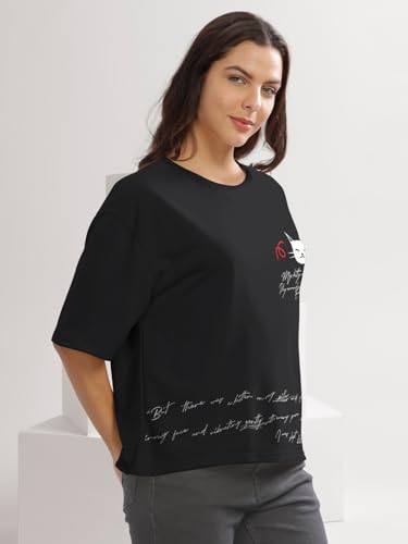 Image of HELLCAT Beige Printed Loose Fit Crew-Neck Crop T-Shirt for Women