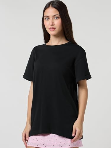 Image of Bewakoof Women's Solid Boyfriend Fit Half Sleeve Round Neck Cotton Jersey T-Shirt