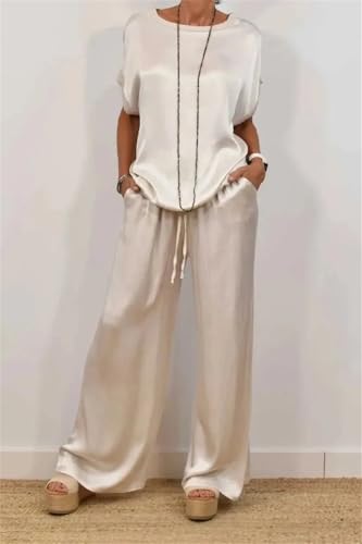 Women's Smooth Satin Two Piece Sets Outfits O-Neck Short Sleeve Top Wide Leg Pant Casual Loose Suits3