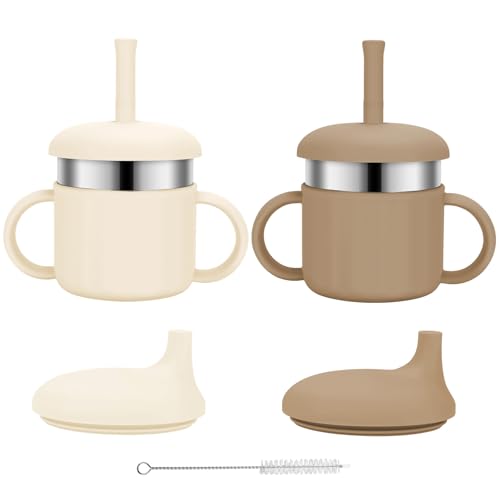 Image of EsOfficce Baby Sippy Cups, 7.4 Oz 3 Stages Training Straw Cups for Infants Toddlers 6-12 Month and Kids 1-3 Year, Stainless Steel Kid Cups with Silicone Straws (Beige+Brown)
