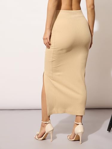Image of Black Rib Side Slit Ruched Midi Skirt