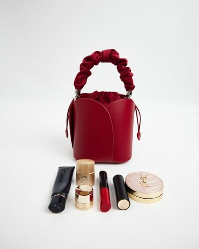 Molodo PU Leather Petal Bucket Bag Drawstring Closure Velvet Ruched Handle Heart Accent Handheld Crossbody2