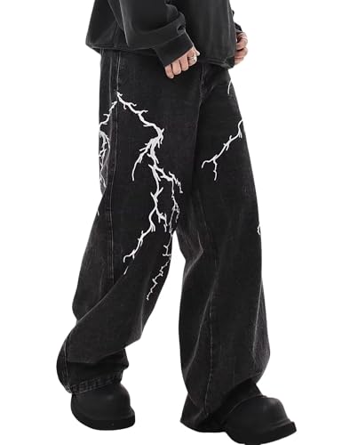 Men Graphic Baggy Jeans Y2K Wide Leg Streetwear Pants Loose Fit Denim Pants Hip Hop Skater Jeans