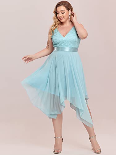 Image of Ever-Pretty Plus Women's V Neck Sleeveless Asymmetric Hem Lace Chiffon Short Summer Plus Size Wedding Guest Dresses Sky Blue US24