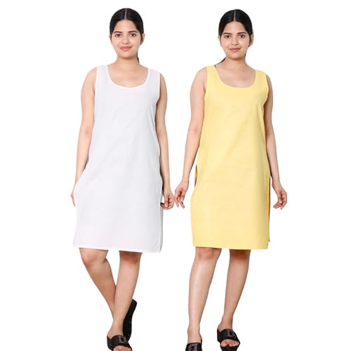 Image of KASANI Women's Camisole Cotton Long Knee-Length Sameej /Slip /Inner, Sleeveless, Pack of 2