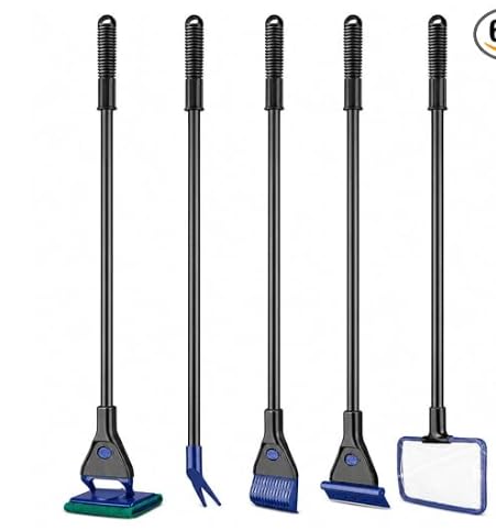 minjiang 5-in-1 aquarium cleaning kit | fish tank cleaner with fish net, algae scraper, gravel rake, plant fork & water changer | glass cleaner with scrubbing pad