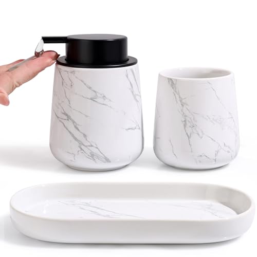 Badezimmer Set Umlaca Bathroom Accessories,3-teiliges Zubehör Enthält 350ml Seifenspender,320ml Zahnputzbecher und Seifenschale,Geeignet für Bad,Waschbecken (Marmorierter Flüssigseifenspender)