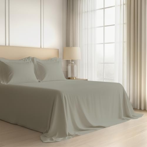 Image of Pizuna 100% Cotton Bedsheet Super King Size Silver, 600 Thread Count Long Staple Combed Cotton Flat Bedsheets 108x108 Inches with 4 Pillow Covers, Bed Sheet for Super King Size Bed
