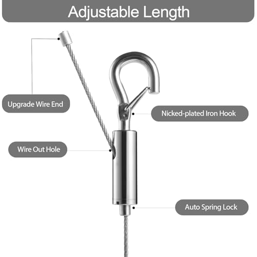 Image of Adjustable Picture Hanging Wire, Upgrade Mirror Frame Hanging Kit, 6.6FT Heavy Duty Stainless Steel Wire Rope, Supports Up to 100lbs (Silver, 4PC-6.6FT)