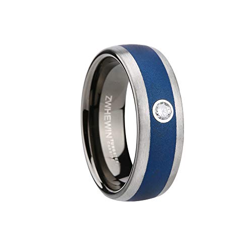 HEWINZW Tungsten Carbide Ring for Men 8mm High Polished Wedding Engagement Band with Zircon Comfort Fit Size 7-13 (Blue, 9)