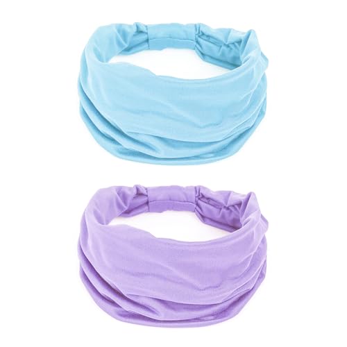 GiLi 2 Pack Wide Headbands for Women Boho Knotted Non Slip Fashion Hair Bands Yoga Running Sports Workout Gym Head Wraps Elastic Soft Cotton Cloth Turbans Bandana for Girls (Light Purple,Light Blue)