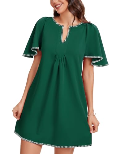 Image of KEOMUD Women's Summer Short Sleeve Mini Dress Casual V Neck Contrast Trim Flowy Shift Dresses with Pockets