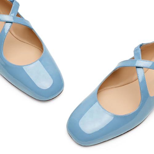 Women's Square Closed Toe Crisscross Ballet Flats Chic Patent Leather Cross Strap with Buckle Mary Jane Flat Shoes Casual Dressy Comfortable Flats for Women Light Blue Size 93