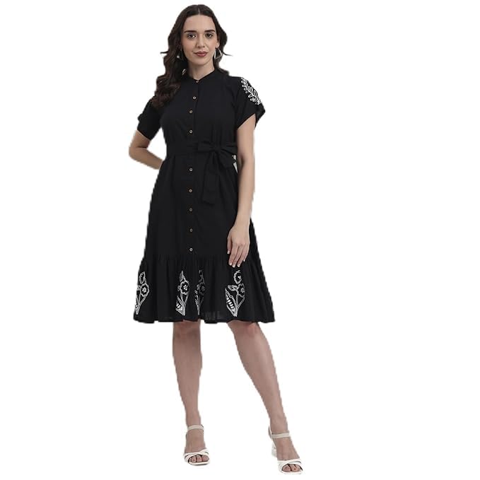Women’s Pure Cotton Black Chikankari Shirt Dress | Button-Down A-Line Cotton Midi Dress with Belt | Casual, Office (Pack of 1)-picture-51