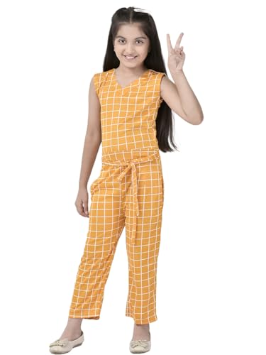 Image of FNOCKS Girls Check Printed Jumpsuit Tie-Knotted Jumpsuit V-Neck