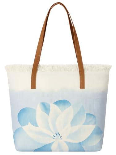 Image of GRECIILOOKS Eco Canvas Boho Tote Bag for Women, Spacious Jute Handbag with Faux Leather Straps, Frayed Edge & Floral Print, Lightweight Shoulder Bag for Beach Travel Shopping Work