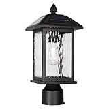Solar Outdoor Post Light Fixture，Dusk to Dawn Modern Exterior Pillar Lantern with Black Finish & Water Ripple Glass，Waterproof Outside Pole Light for Garden, Backyard, Courtyard