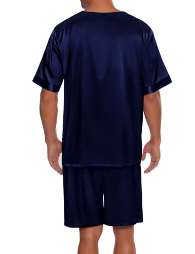 SWOMOG Men Satin Pajamas Set Short Sleeve Silk Sleepwear Button Down 2 Piece Loungewear with Pockets Deep Navy Blue 3X-Large3