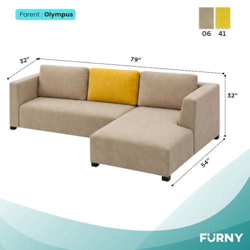 Image of FURNY Olympus 4 Seater RHS L Shape Sofa Set | Plush Velvet Suede Fabric | Modern Design | Soft Comfort Dual Color Cushions for Living Room, Office & Hotels (Beige-Yellow)