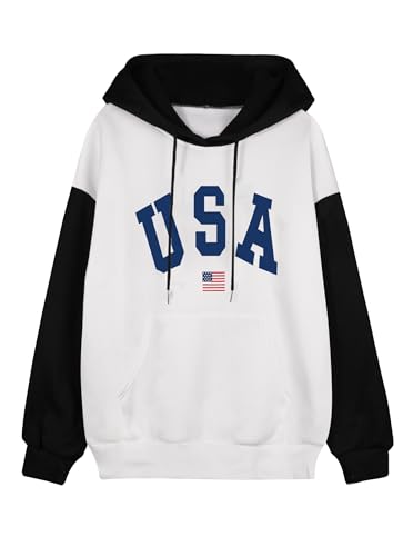Hilinker Women's Cute Graphic Hoodie Color Block Sweatshirts Long Sleeve Drawstring Pullover White Black USA Large