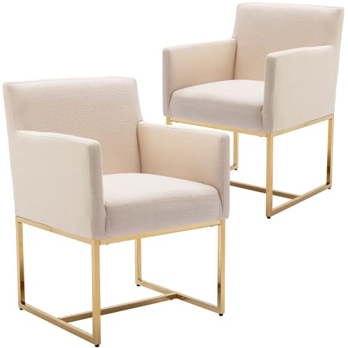 Wahson Set Of 2 Linen Upholstered Modern Dining Chairs With Arm, Contemporary Dining Room Chair With Golden Metal Base, Cream Linen & Golden Legs #TOP24