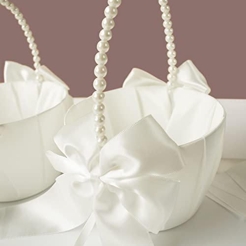 STAFUNI 2 PCS Wedding Flower Girl Basket, Pearl Handle Cute Flower Basket for Flower Girl, Ivory - Thumbnail 5
