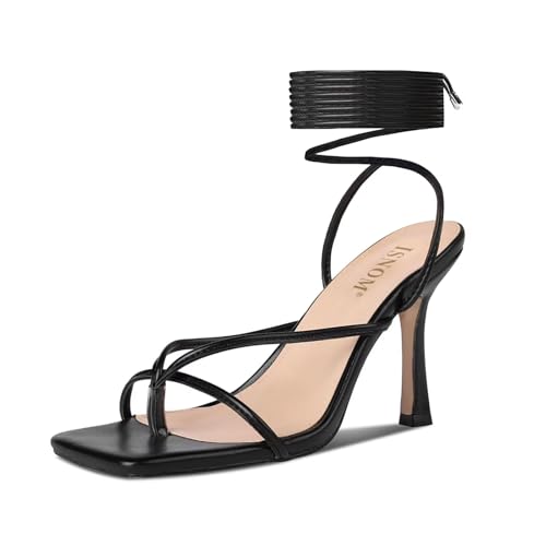 Image of ISNOM Lace Up Heels Sandals for Women - Square Open Toe, Stiletto High Heel