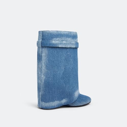 Image of keleimusi Fold Over Wedge Boots Heeled PadLock Pant Knee High Shoes Tall /Short Booties in Black