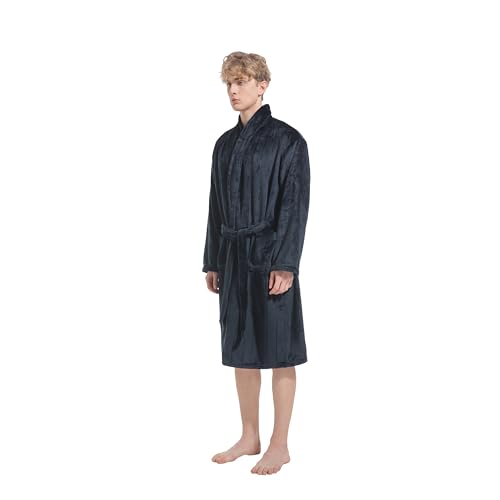 Plush Velvet Bathrobe for Men, Long Length Soft Spa Robe with Shawl Collar & Belt, Thick Absorbent Hotel Style Lightweight Fabric, Gift for Him (Navy Blue)2