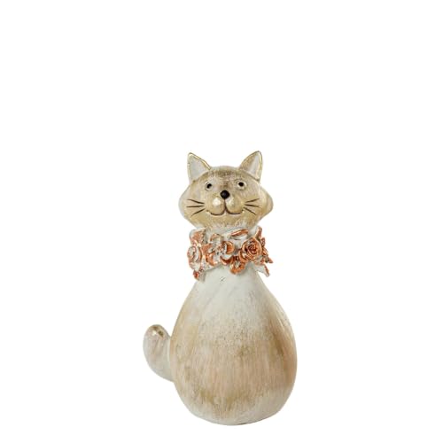 DRW Figura Gato Sentado con Collar de Flores Blanco y Dorado de Resina 8x8x13.5 cm