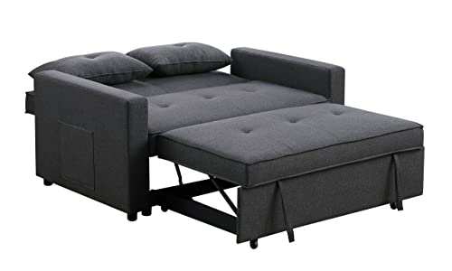 Fanye 56" Linen Upholstered Loveseat Sleeper Sofa With Pull-Out Couch Bed, 2-Tiers Side Storage Pockets And 2 Accent Pillows For Apartment Office Small Space Living Room Furniture Sets, Black #TOP6