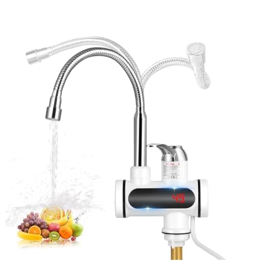 HOUSINN Grifo Eléctrico con Calentador de Agua para Cocina, Baño, Camper, 220V 3000W Grifo Eléctrico de Acero Inoxidable, Indicador de Temperatura LCD, Giratorio 360°, Calentador de Agua Instantaneo