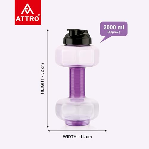 Image of ATTRO Dumbbell Water Bottle 2 Liter Plastic Bottle with Grip Handle Stylish Bottle for Gym Lover BPA Free, Food Grade, Leakproof- Violet