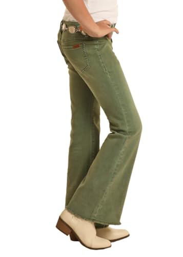 Rock & Roll Denim Girls' Army Green Button Flare Jeans2