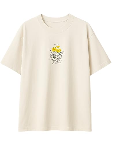 Image of Oversized Cotton T-Shirt for Women Half Sleeve - Love Yourself First Printed Tee - Breathable Loose Fit Motivational Casual Wear for College and Daily Outfits