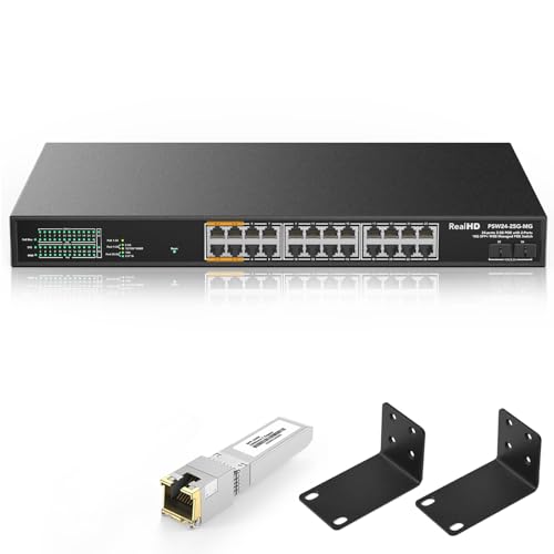 Image of 24 Port 2.5Gb PoE+ Managed Ethernet Network Switch 24 PoE+ Port @500W, PoE++ Port 1-4 Up to 90W Each | 2 x 10G SFP+ | IEEE 802.3bt / at / af | 19In Rack Mount | 1-Pack 10Gb SFP+ to RJ45 Module 98Ft(30m)